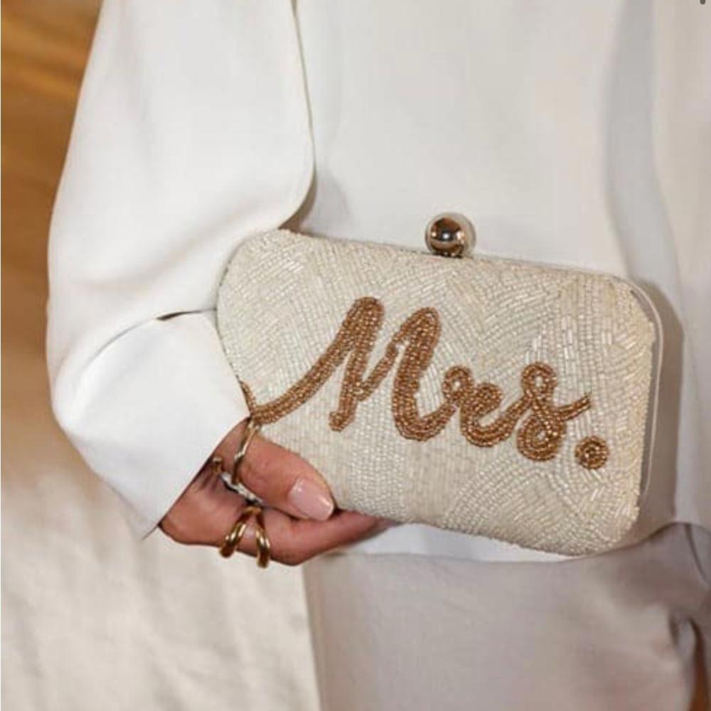 12th Tribe Cream and Gold “Mrs.” Bride Beaded Clutch